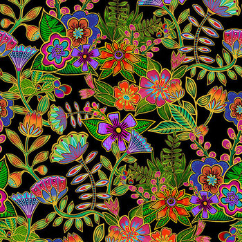 Night Flight Y5062-3M Floral Black Gold Metallic by Laurel Burch for Clothworks