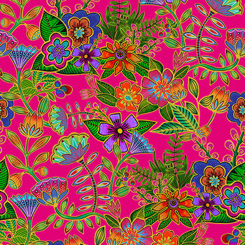 Night Flight Y5062-77M Floral Fuchsia Gold Metallic by Laurel Burch for Clothworks