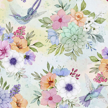 Rainbow in the Vale W110-026-764 Florals & Hummingbirds Blue by Joy Hall for White Owl Textiles