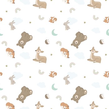 Woodland Lullaby W190-003-127 Tossed Animals White by Lisa Perry for White Owl Textiles