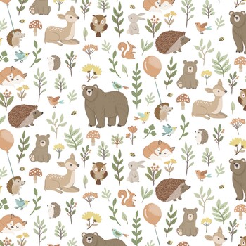 Woodland Lullaby W190-004-128 Packed Animals White by Lisa Perry for White Owl Textiles