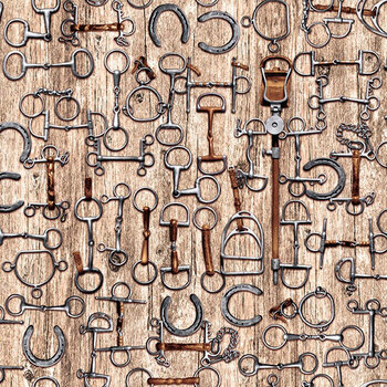 Spurs & Spirit 4529-30 Tan Stirrups, Bits, and Horseshoes by Urban Essence Design for Blank Quilting