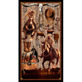 Spurs & Spirit 4532P-39 Brown Panel With Cowboys by Urban Essence Design for Blank Quilting