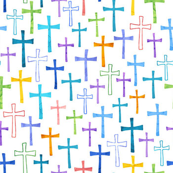 Blessings DP29355-10 Multi Crosses White Multi by Deborah Edwards for Northcott Fabrics