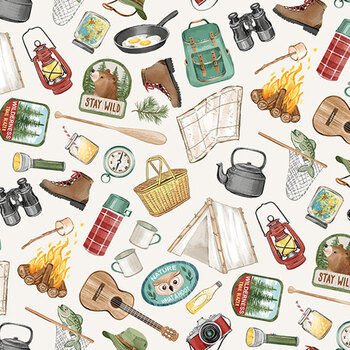 Happy Camper DP29436-11 Camping Gear Cream Multi by Deborah Edwards for Northcott Fabrics