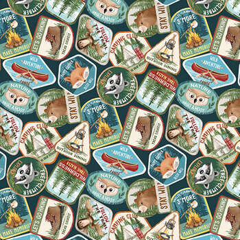 Happy Camper DP29437-68 Camping Badges Teal Multi by Deborah Edwards for Northcott Fabrics