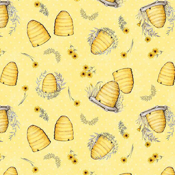 Buzzin' Blooms 39938-559 Tossed Beehives Yellow by Susan Winget for Wilmington Prints
