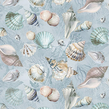 Beach Wonders Y5146-87 Shells Light Denim by Katie Pertiet for Clothworks