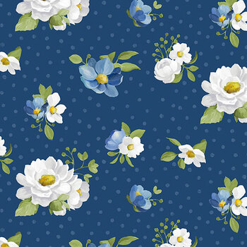 Blossom Blues 46105-417 Medium Floral Toss Dark Blue by Silvi Vassileva for Wilmington Prints