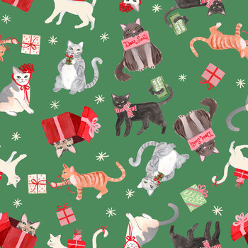 Letters to Santa 55779-3 Christmas Kitties Green by Jennifer Moore for Windham Fabrics