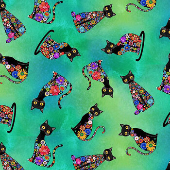 Purrsonality CAT-CD4602 Spaced Floral Cats Green by Chong-A Hwang for Timeless Treasures Fabrics