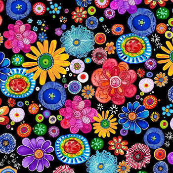 Purrsonality FLEUR-CD4607 Bright Floral Black by Chong-A Hwang for Timeless Treasures Fabrics