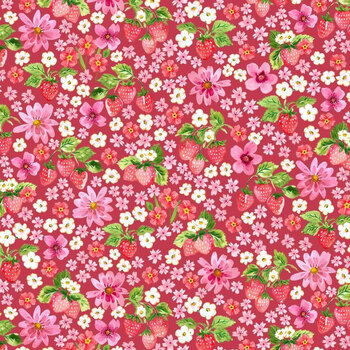 Berry Bliss FRUIT-CD4628 Strawberries and Floral Red by Timeless Treasures Fabrics