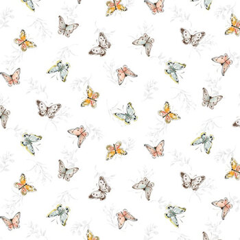 Nottingham Rose W105-055-147 Butterflies White by Susan Winget for White Owl Textiles