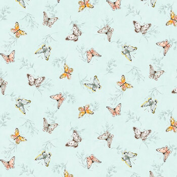 Nottingham Rose W105-055-747 Butterflies Teal by Susan Winget for White Owl Textiles