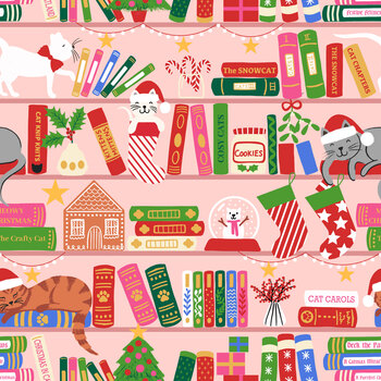 The Purrfect Christmas Chapter C157B Christmas Book Shelves on Pink by Lewis & Irene
