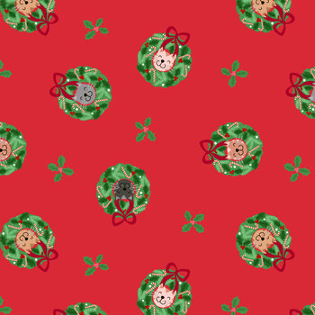 The Purrfect Christmas Chapter C160B Cat Wreaths on Red by Lewis & Irene