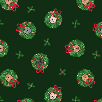 The Purrfect Christmas Chapter C160C Cat Wreaths on Dark Green by Lewis & Irene