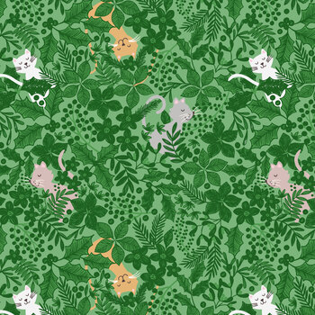The Purrfect Christmas Chapter C162C Festive Floral Cats Green by Lewis & Irene