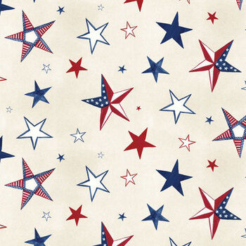 Red, White, & Gnome W180-019-157 Big Stars Cream by Yvette St. Amant for White Owl Textiles