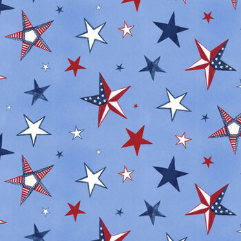 Red, White, & Gnome W180-019-757 Big Stars Light Blue by Yvette St. Amant for White Owl Textiles