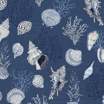 Coastal Treasures W100-036-779 Shells & Coral Dark Blue by Nicole Tamarin for White Owl Textiles