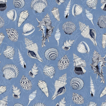 Coastal Treasures W100-037-717 Large Seashells Blue by Nicole Tamarin for White Owl Textiles