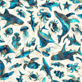 Deep Blue Dreams 32646-E Sea Creature Toss by Morris Creative Group for QT Fabrics