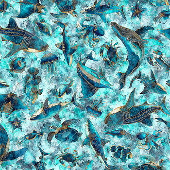 Deep Blue Dreams 32646-Q Sea Creature Toss by Morris Creative Group for QT Fabrics