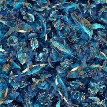 Deep Blue Dreams 32646-N Sea Creature Toss by Morris Creative Group for QT Fabrics