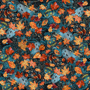 A Dark and Scary Night 32906-B Leaves, Ghosts & Pumpkins Dark Blue by Michael McKinney for QT Fabrics