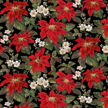 Songs of Santa 32716-J Poinsettia Floral Black by QT Fabrics