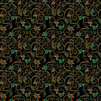 Songs of Santa 32715-J Scroll and Floral Black by QT Fabrics