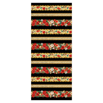 Songs of Santa 32713-J Christmas Floral Border Stripe Black by QT Fabrics