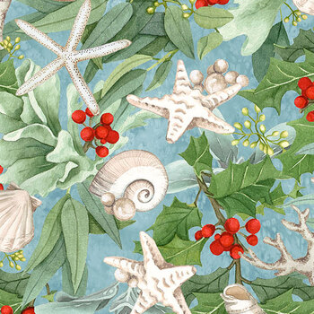 Beachcomber Christmas 29851-43 Packed Shells Blue Multi by Lynnea Washburn for Northcott Fabrics