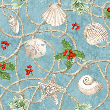 Beachcomber Christmas 29853-43 Shells and Rope Blue Multi by Lynnea Washburn for Northcott Fabrics