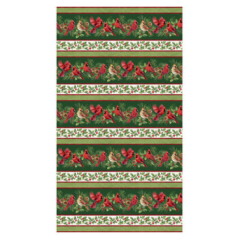 Crimson Cardinals 29772-78 Border Stripe Dk Green Multi by Deborah Edwards for Northcott Fabrics