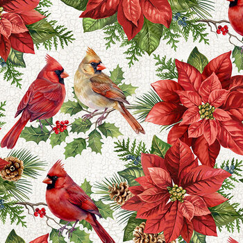 Crimson Cardinals 29773-10 Poinsettia & Card White Multi by Deborah Edwards for Northcott Fabrics