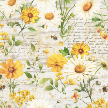 Daisies and Sunflowers With Text FLEUR-CD3881 Beige by Timeless Treasures Fabrics