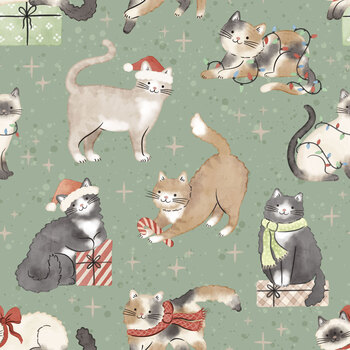 Meowy & Bright W185-004-892 Lt Green Cats by White Owl Textiles