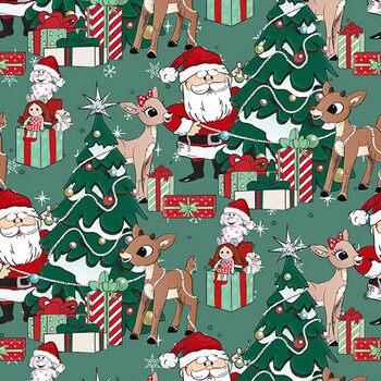 Rudolph the Red-Nosed Reindeer® RD1011-74 Green Santa Scene by Northcott Fabrics