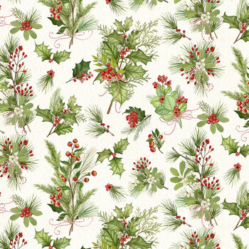 Noel in Bloom W100-050-185 Cream Tossed Greenery by Nicole Tamarin for White Owl Textiles