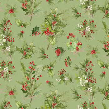 Noel in Bloom W100-050-885 Green Tossed Greenery by Nicole Tamarin for White Owl Textiles