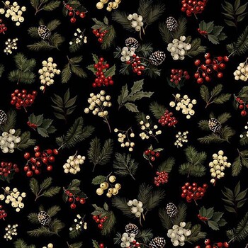 Holiday Wishes HOLIDAY-CD4768 BLACK Tossed Holly Berries by Timeless Treasures Fabrics
