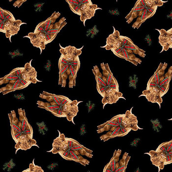 Merry Moo HOLIDAY-CD4937 BLACK Highland Holiday Cow by Timeless Treasures Fabrics