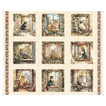 Purrfect Garden 32311-E Cream Cat Vignette Panel by Morris Creative Group for QT Fabrics