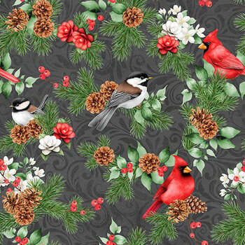 Cardinal Tidings 33961-973 Scenic Birds Charcoal by Nancy Mink for Wilmington Prints