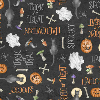 Happy Haunts 32825-989 Words All Over Black by Leslie Trimbach for Wilmington Prints