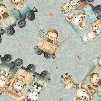Tiny Tails Minky 3161MK-17 Mist Blue Train Scene by Tango Twist Designs for Blank Quilting