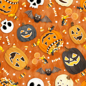 Moonlight Cruisin' 3315G-33 Orange Tossed Pumpkins, Skulls, and Bats by Shelly Comiskey for Henry Glass Fabrics